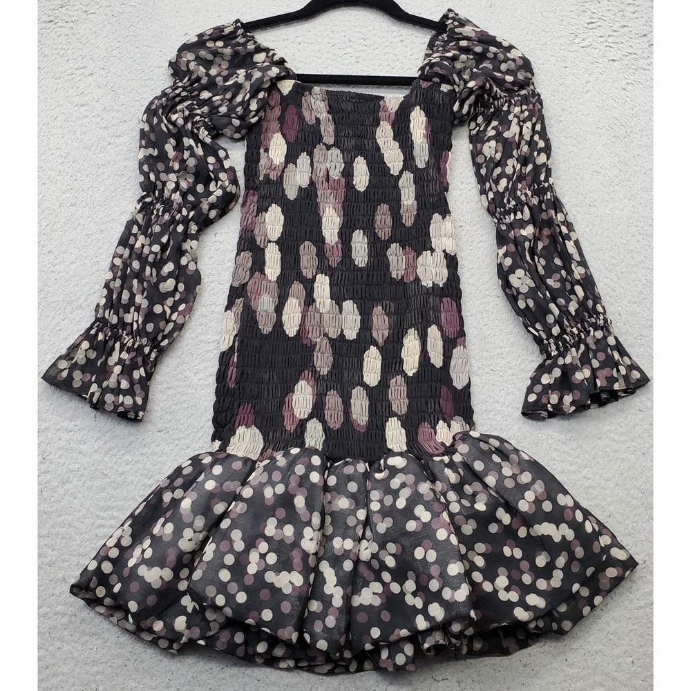 Misa Los Angeles Mini Dress Womens XS Multi Polka Dot Smocked Bodice Flounce Hem